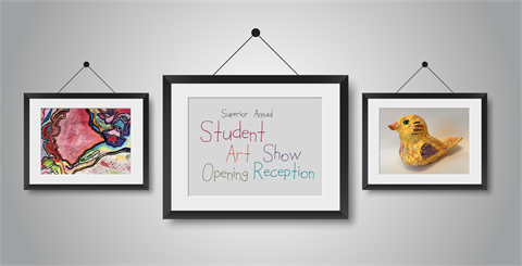 3 picture frames on a light grey background, 2 outside frames contain student artwork and the middle frame has the caption 